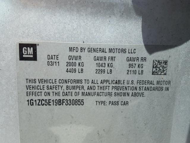 1G1ZC5E19BF330855 - 2011 CHEVROLET MALIBU 1LT ვერცხლისფერი ფოტო 10