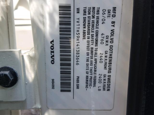 YV1TH59H141383646 - 2004 VOLVO S80 2.5T WHITE photo 10