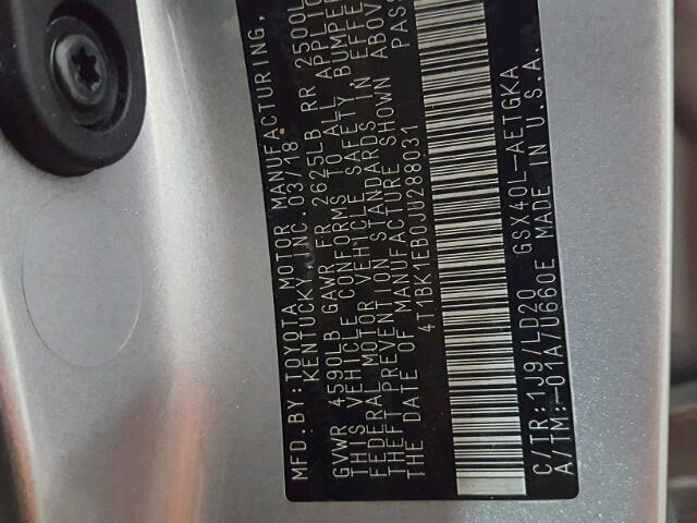 4T1BK1EB0JU288031 - 2018 TOYOTA AVALON XLE SILVER photo 10