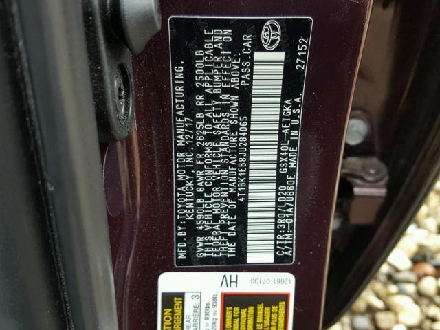 4T1BK1EB8JU284065 - 2018 TOYOTA AVALON XLE BURGUNDY photo 10