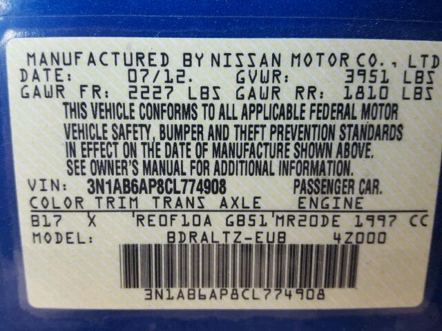 3N1AB6AP8CL774908 - 2012 NISSAN SENTRA BLUE photo 10