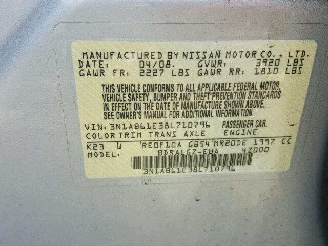 3N1AB61E38L710796 - 2008 NISSAN SENTRA 2.0 GRAY photo 10