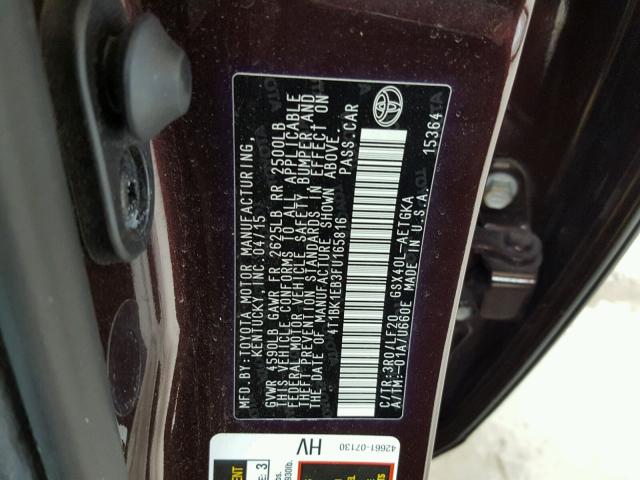 4T1BK1EB3FU165816 - 2015 TOYOTA AVALON XLE BURGUNDY photo 10