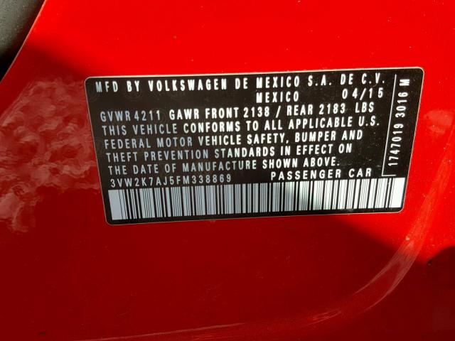 3VW2K7AJ5FM338869 - 2015 VOLKSWAGEN JETTA BASE 红色 照片 10