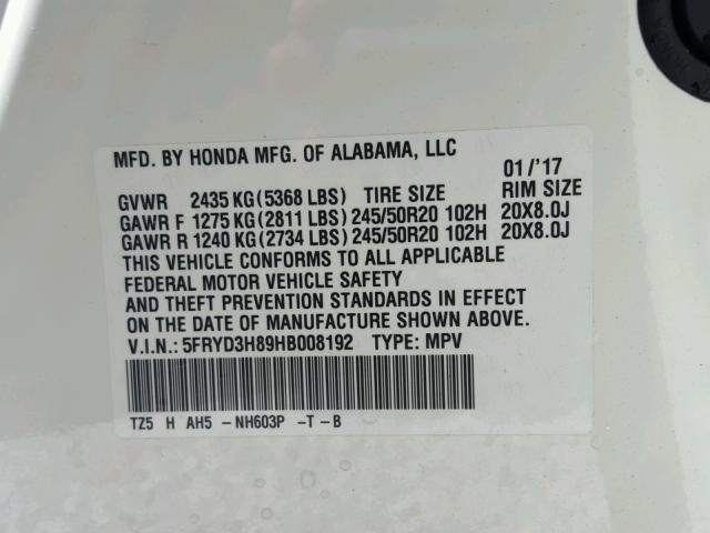 5FRYD3H89HB008192 - 2017 ACURA MDX ADVANC თეთრი ფოტო 10