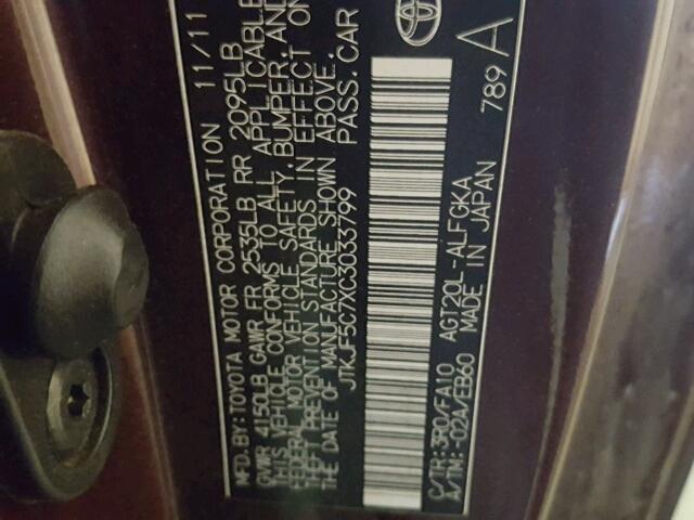 JTKJF5C7XC3033799 - 2012 TOYOTA SCION TC 栗色 照片 10