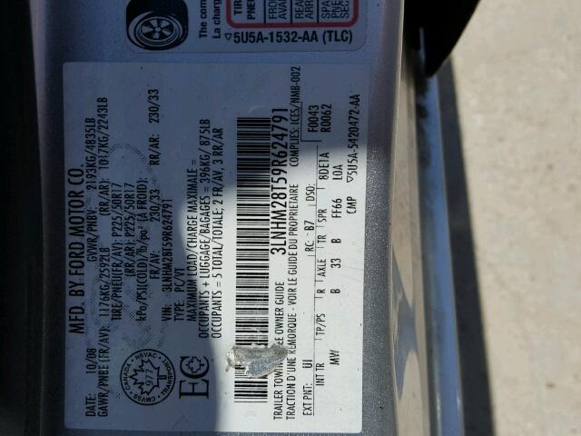 3LNHM28T59R624791 - 2009 LINCOLN MKZ ვერცხლისფერი ფოტო 10