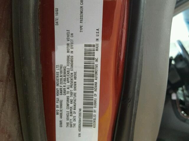 4S3BE625847205746 - 2004 SUBARU LEGACY L S RED photo 10