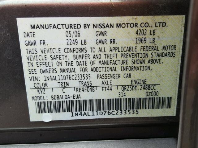 1N4AL11D76C233535 - 2006 NISSAN ALTIMA S/S TAN photo 10