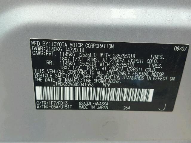 JTMBK32V885041553 - 2008 TOYOTA RAV4 SPORT SILVER photo 10