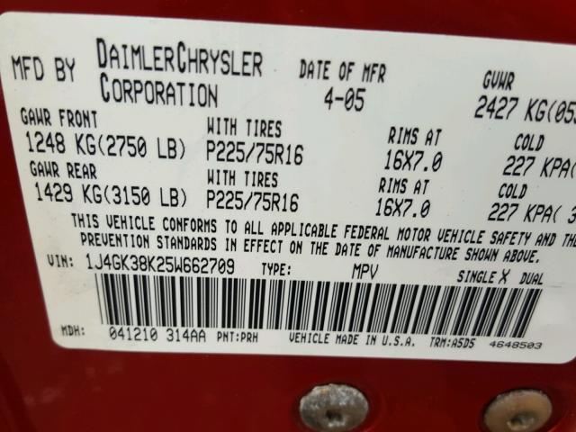 1J4GK38K25W662709 - 2005 JEEP LIBERTY RE RED photo 10