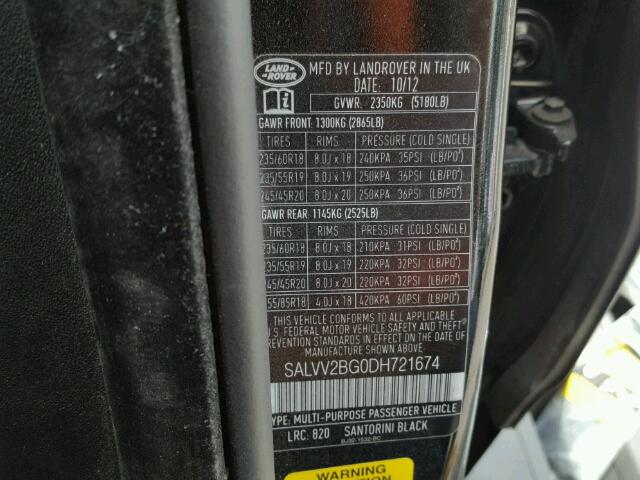 SALVV2BG0DH721674 - 2013 LAND ROVER RANGE ROVE BLACK photo 10