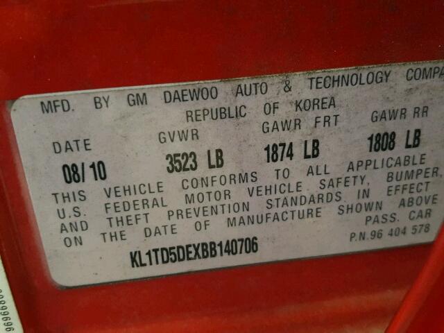 KL1TD5DEXBB140706 - 2011 CHEVROLET AVEO LS RED photo 10