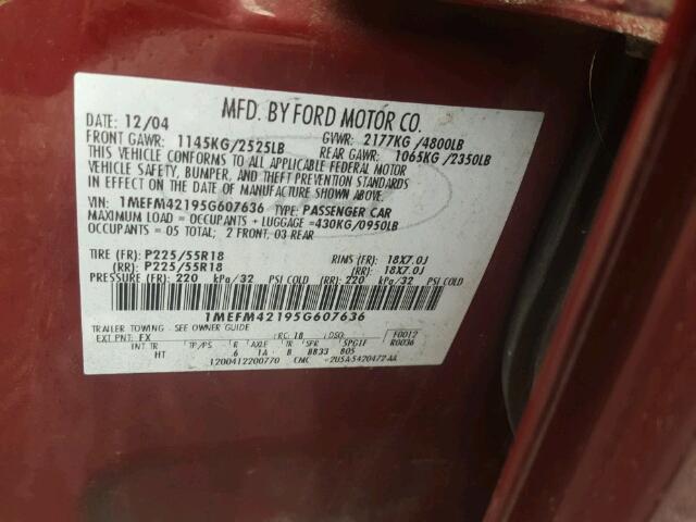 1MEFM42195G607636 - 2005 MERCURY MONTEGO PR MAROON photo 10