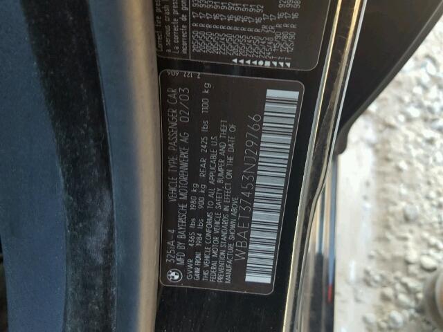 WBAET37453NJ29766 - 2003 BMW 325 I BLACK photo 10