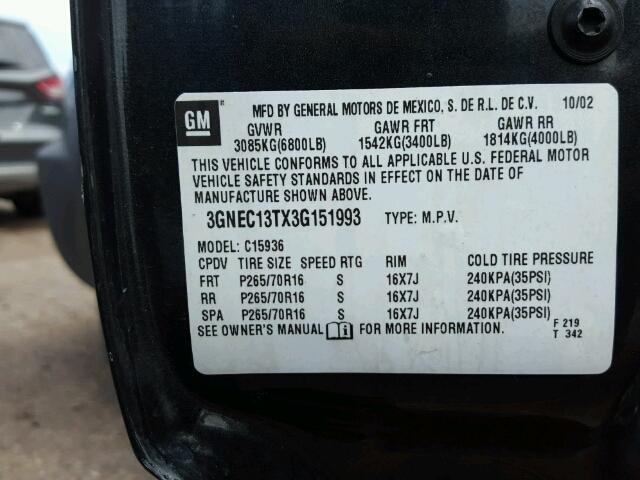 3GNEC13TX3G151993 - 2003 CHEVROLET AVALANCHE 黑色 照片 10