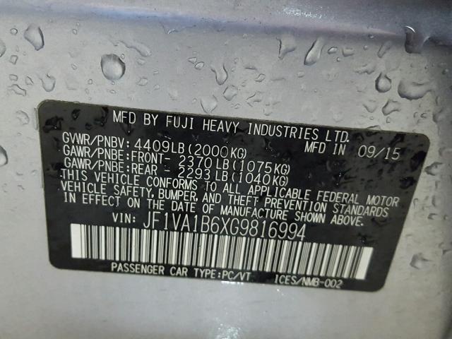 JF1VA1B6XG9816994 - 2016 SUBARU WRX SILVER photo 10