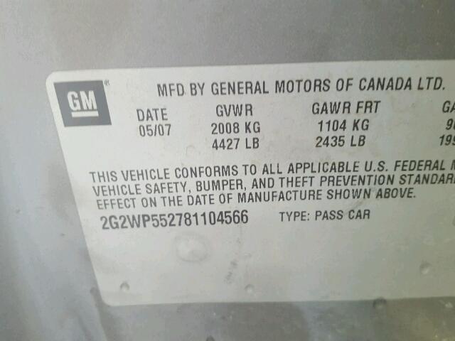 2G2WP552781104566 - 2008 PONTIAC GRAND PRIX GRAY photo 10