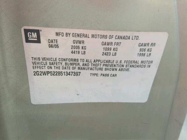 2G2WP522851347397 - 2005 PONTIAC GRAND PRIX TAN photo 10