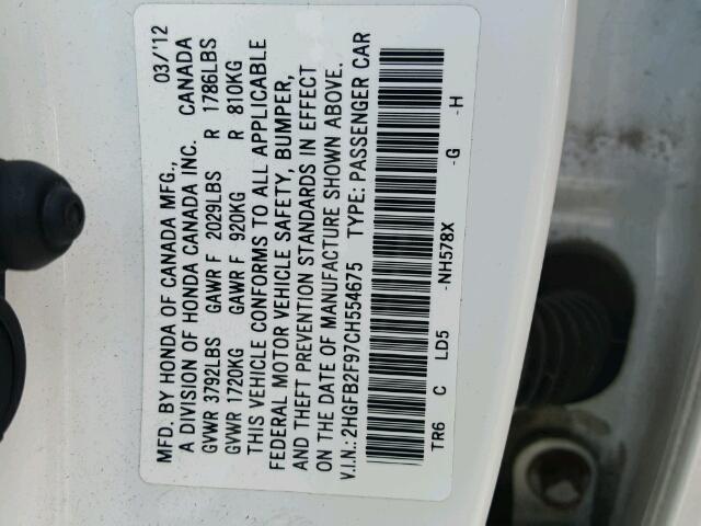 2HGFB2F97CH554675 - 2012 HONDA CIVIC EXL 白色 照片 10