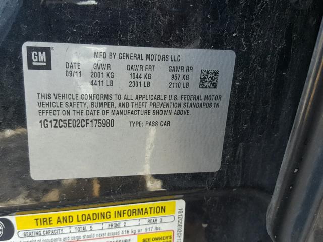 1G1ZC5E02CF175980 - 2012 CHEVROLET MALIBU 1LT BLACK photo 10