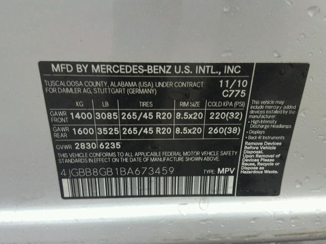 4JGBB8GB1BA673459 - 2011 MERCEDES-BENZ ML 350 4MA SILVER photo 10