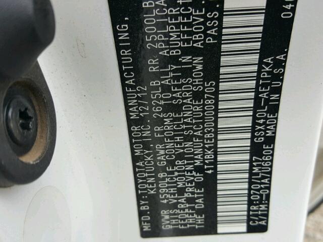 4T1BK1EB3DU008705 - 2013 TOYOTA AVALON BAS Weiß Foto 10