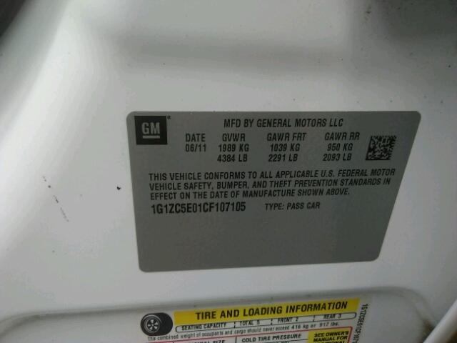 1G1ZC5E01CF107105 - 2012 CHEVROLET MALIBU 1LT 白色 照片 10