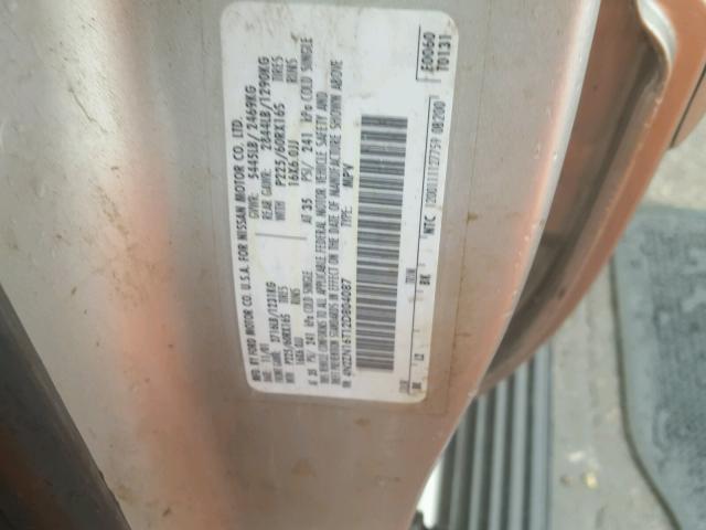 4N2ZN16T12D804087 - 2002 NISSAN QUEST SE SILVER photo 10