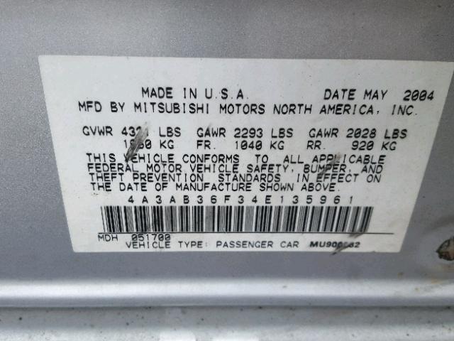 4A3AB36F34E135961 - 2004 MITSUBISHI GALANT ES SILVER photo 10