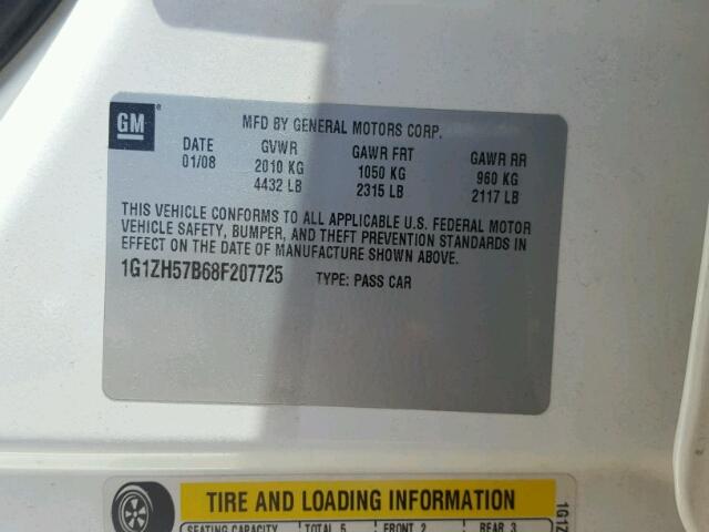 1G1ZH57B68F207725 - 2008 CHEVROLET MALIBU 1LT 白色 照片 10