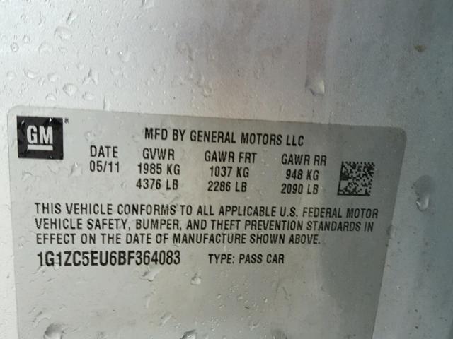 1G1ZC5EU6BF364083 - 2011 CHEVROLET MALIBU 1LT SILVER photo 10