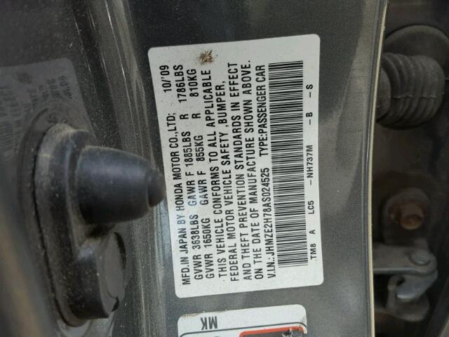 JHMZE2H78AS024525 - 2010 HONDA INSIGHT EX GRAY photo 10