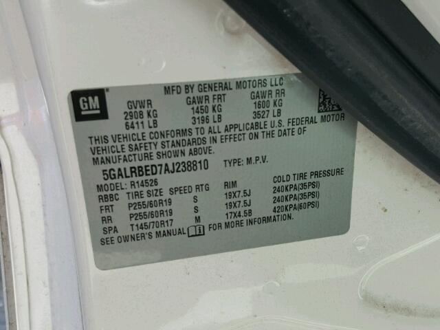 5GALRBED7AJ238810 - 2010 BUICK ENCLAVE CX WHITE photo 10