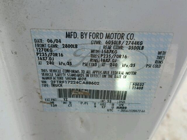 2FTRF17224CA88602 - 2004 FORD F-150 HERI WHITE photo 10