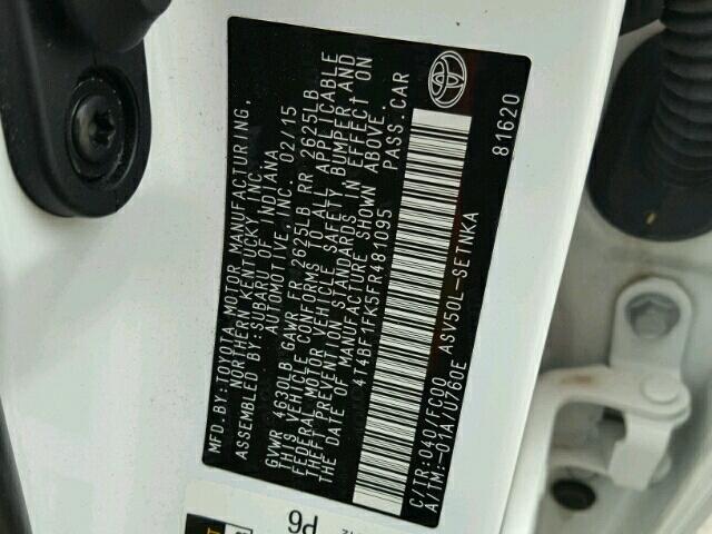 4T4BF1FK5FR481095 - 2015 TOYOTA CAMRY LE თეთრი ფოტო 10