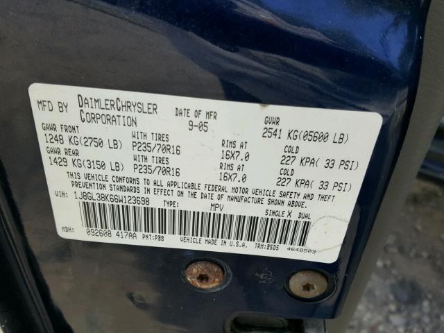 1J8GL38K66W123698 - 2006 JEEP LIBERTY RE BLUE photo 10