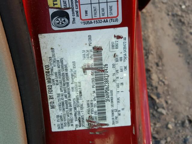 3FAHP06Z38R270426 - 2008 FORD FUSION S RED photo 10