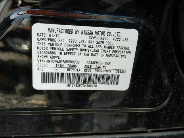 JN1CV6AP7AM200738 - 2010 INFINITI G37 BASE BLACK photo 10