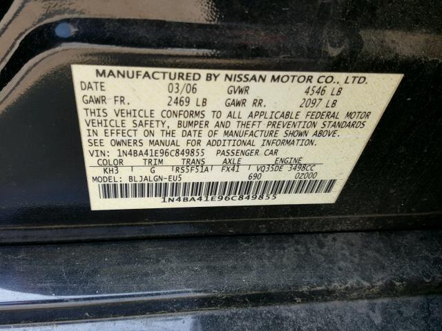 1N4BA41E96C849855 - 2006 NISSAN MAXIMA SE BLACK photo 10