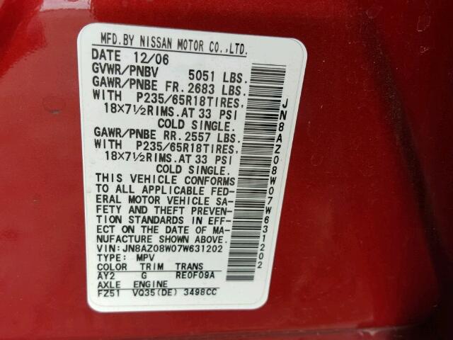 JN8AZ08W07W631202 - 2007 NISSAN MURANO RED photo 10