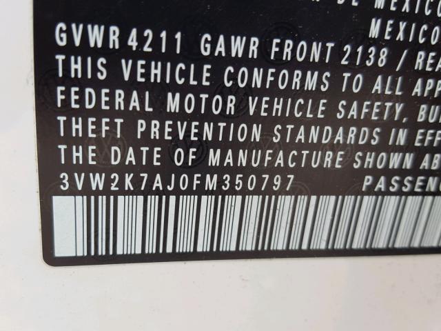 3VW2K7AJ0FM350797 - 2015 VOLKSWAGEN JETTA BASE 白色 照片 10