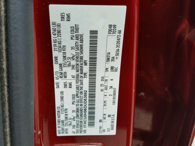 1FMCU0H96DUD63692 - 2013 FORD ESCAPE SEL RED photo 10