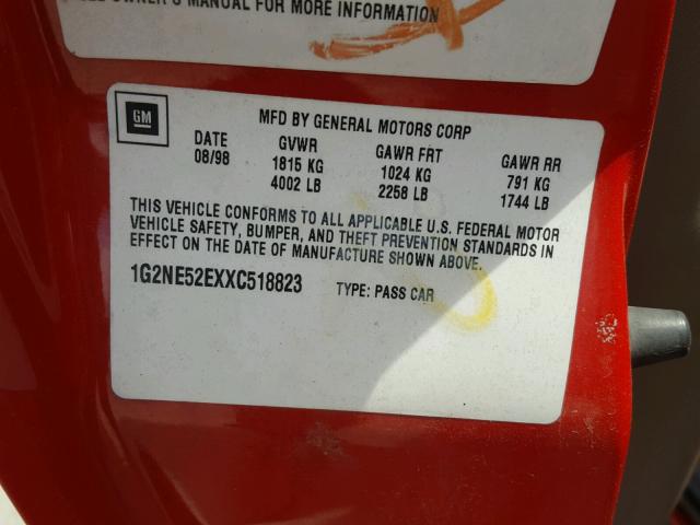 1G2NE52EXXC518823 - 1999 PONTIAC GRAND AM S RED photo 10