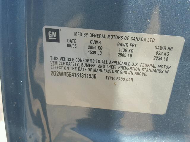 2G2WR554161311530 - 2006 PONTIAC GRAND PRIX BLUE photo 10