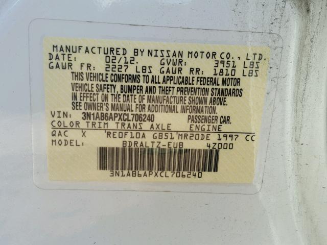 3N1AB6APXCL706240 - 2012 NISSAN SENTRA 2.0 WHITE photo 10