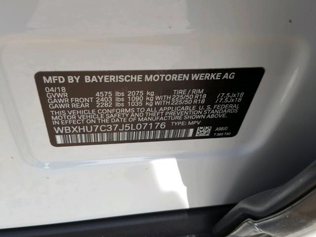 WBXHU7C37J5L07176 - 2018 BMW X1 SDRIVE2 WHITE photo 10