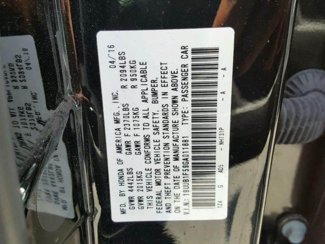 19UUB1F59GA011881 - 2016 ACURA TLX TECH BLACK photo 10