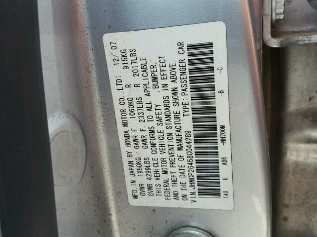 JHMCP26458C044289 - 2008 HONDA ACCORD LXP SILVER photo 10