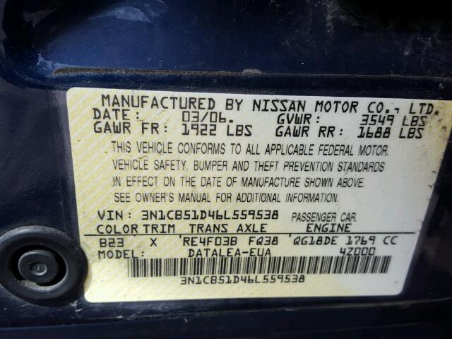 3N1CB51D46L559538 - 2006 NISSAN SENTRA 1.8 BLUE photo 10